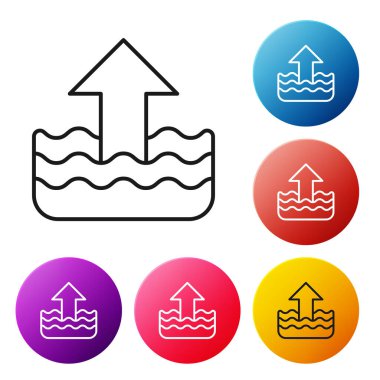 Beyaz arkaplanda izole edilmiş siyah çizgi, su seviyesi simgesinde yükseliyor. Renkli daire düğmelerini ayarlayın. Vektör.