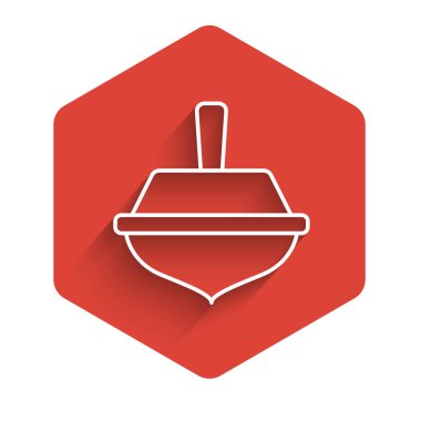 Beyaz çizgi Hanuka dreidel ikonu uzun gölgeli izole edilmiş. Kırmızı altıgen düğmesi. Vektör.