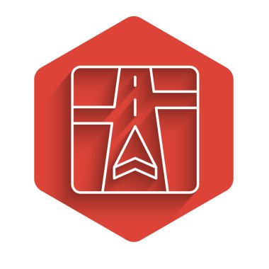 Harita simgesine sahip uzun gölgeli beyaz çizgi GPS cihazı. Kırmızı altıgen düğmesi. Vektör.