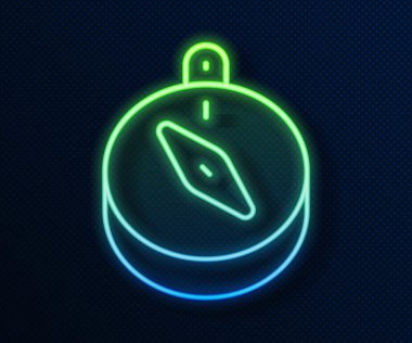 Parlayan neon hattı pusula simgesi mavi arkaplanda izole edildi. Rüzgâr yön bulma sembolü. Rüzgar gül işareti. Vektör.