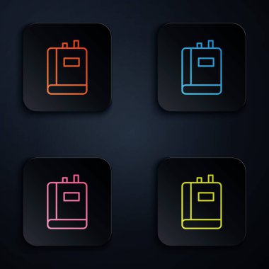 Renkli neon çizgi Kitap simgesi siyah arkaplanda izole edildi. Kare düğmelere simgeleri yerleştir. Vektör.