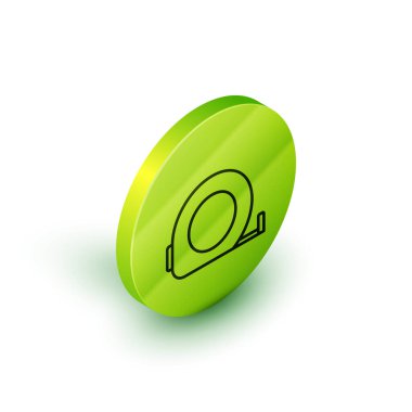 İzoelektrik hat Rulet inşaat ikonu beyaz arka planda izole edildi. Mezura ölçüm sembolü. Yeşil daire düğmesi. Vektör.