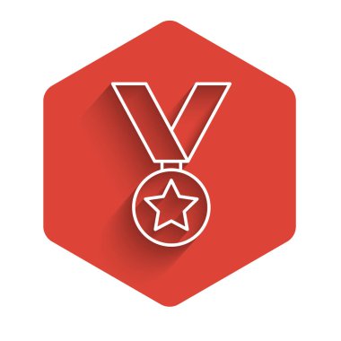 Uzun gölgeli, beyaz çizgi askeri ödül ikonu. Ordu işareti. Kırmızı altıgen düğmesi. Vektör.