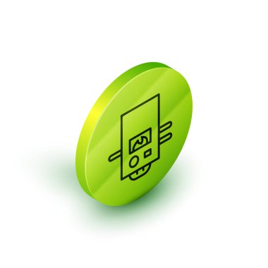 Beyaz arka planda izole edilmiş yanan bir ateş ikonu ile Isometric hat gaz kazanı. Yeşil daire düğmesi. Vektör.