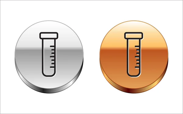 黑线测试试管和烧瓶化学实验室测试图标隔离在白色背景 实验室玻璃器皿标志 银金圆环按钮 — 图库矢量图片