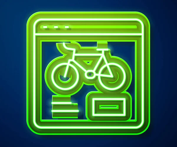 Leuchtende Leuchtschrift Fahrradverleih Mobile App Symbol Isoliert Auf Blauem Hintergrund — Stockvektor