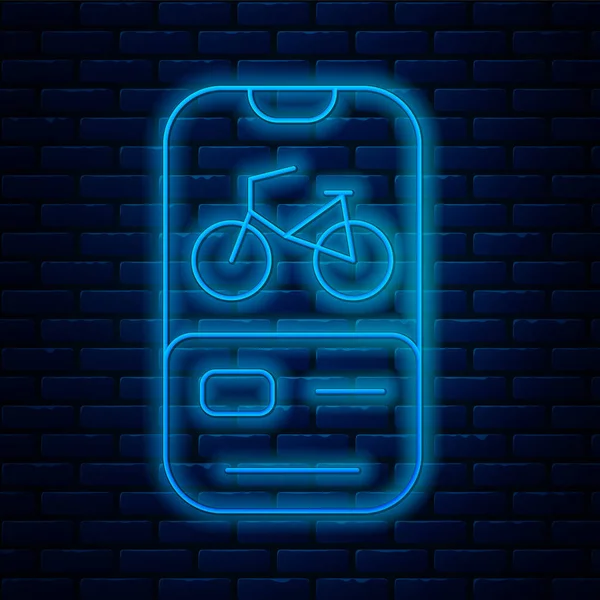 Leuchtende Leuchtschrift Fahrradverleih Mobile App Symbol Isoliert Auf Backsteinwand Hintergrund — Stockvektor
