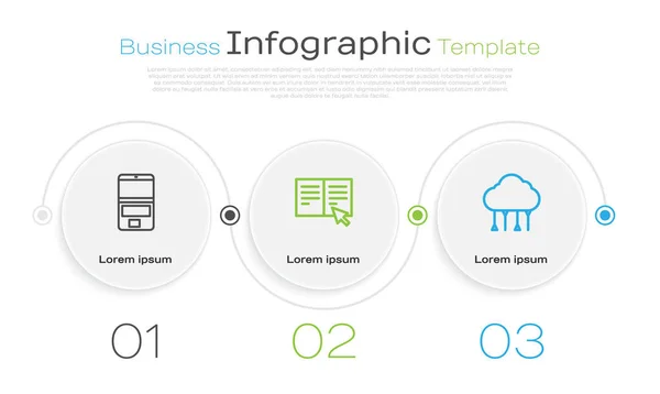 Definir Linha Laptop Livro Line Conexão Nuvem Rede Modelo Infográfico — Vetor de Stock