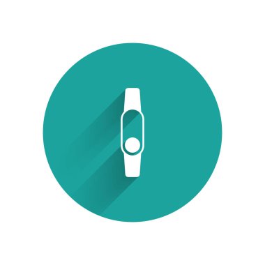 Beyaz Zeka simgesi uzun gölgeli izole edilmiş. Fitness uygulaması konsepti. Yeşil daire düğmesi. Vektör.