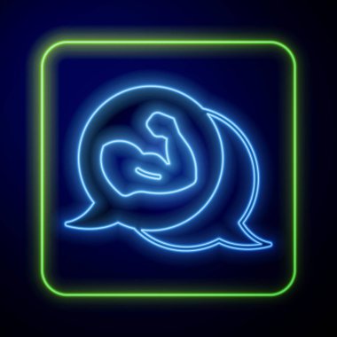Parlayan neon vücut geliştirici mavi arka planda izole edilmiş kas simgesini gösteriyor. Formda kalmak, güçlü sağlık hobisi kavramı. Vektör.
