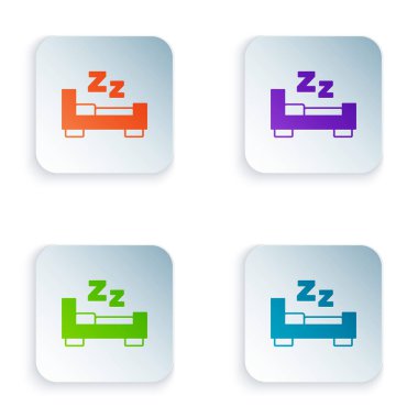 Beyaz arkaplanda izole edilmiş uyku simgesi zamanı. Uykulu Zzzz. Sağlıklı bir yaşam tarzı. Kare düğmelere renkli simgeleri yerleştir. Vektör.