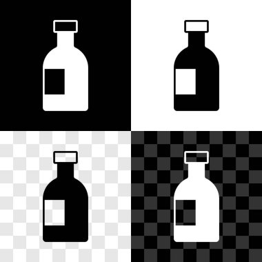 Cam şişe votka ikonu siyah beyaz, şeffaf arka planda izole edilmiş. Vektör.