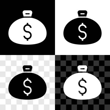 Para çantası simgesini siyah beyaz, şeffaf arkaplanda izole et. Dolar ya da USD sembolü. Nakit bankacılık tabelası. Vektör.
