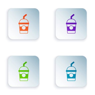 Beyaz arkaplanda izole edilmiş renkli milkshake simgesi. Kapaklı ve samanlı plastik bardak. Kare düğmelere renkli simgeleri yerleştir. Vektör.