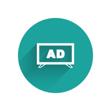 Beyaz reklam simgesi uzun gölgeli izole edilmiş. Pazarlama ve tanıtım süreci kavramı. İlgili reklamlar. Sosyal medya reklamcılığı. Yeşil daire düğmesi. Vektör.