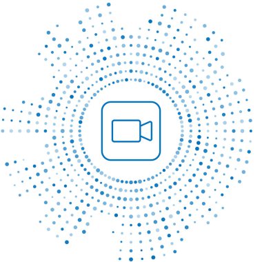 Mavi çizgi kamera simgesi beyaz arkaplanda izole edildi. Video kamera. Film tabelası. Film projektörü. Soyut çember rastgele noktalar. Vektör.