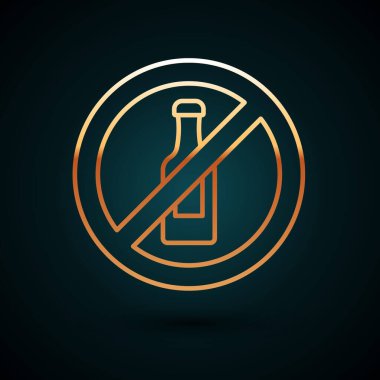 Altın çizgisi. Koyu mavi arka planda alkol ikonu yok. Alkol içmeyi yasaklıyorum. Bira şişesi camlı yasak sembol. Vektör.