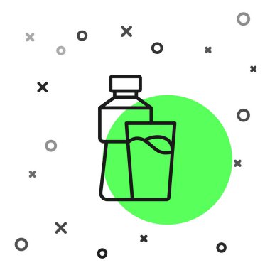 Beyaz zemin üzerinde cam ikon izole edilmiş siyah çizgi su şişesi. Soda su içme tabelası. Vektör.