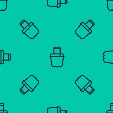 Kova simgesindeki mavi çizgi Kum, yeşil arkaplandaki kusursuz deseni izole etti. Plastik çocuk oyuncağı. Yaz ikonu. Vektör.