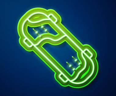 Parlayan neon hattı kaykay üçlemesi ikonu mavi arkaplanda izole edildi. Olağanüstü bir spor. Spor malzemeleri. Vektör.