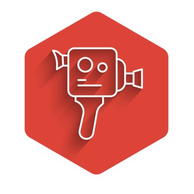 Beyaz çizgi Retro sinema kamerası ikonu uzun gölgeli izole edilmiş. Video kamera. Film tabelası. Film projektörü. Kırmızı altıgen düğmesi. Vektör.