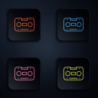 Renkli neon hattı Retro ses kaset simgesi siyah arkaplanda izole edildi. Kare düğmelere simgeleri yerleştir. Vektör.