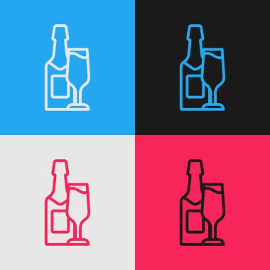 Pop sanat eseri şampanya şişesi ve renkli arka planda izole edilmiş şampanya ikonu. Mutlu Noeller ve mutlu yıllar. Vektör.