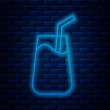 Parlak neon hattı. Kokteyl ve alkol ikonu tuğla duvar arkasında izole edilmiş. Vektör.