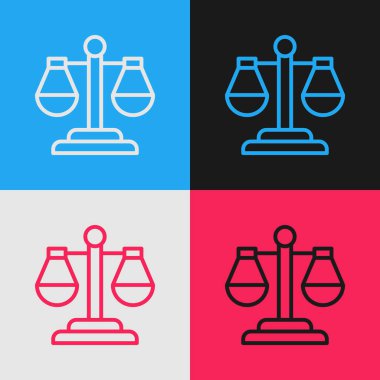 Popüler sanat çizgisi adalet ikonu renk arkaplanında izole edilmiş. Hukuk mahkemesi sembolü. Denge tabelaları. Vektör.