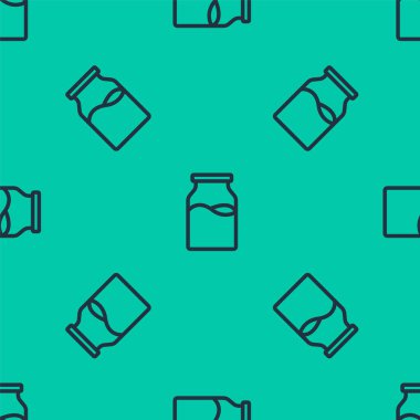 Mavi çizgi, üzerinde süt ikonu olan kapalı cam şişe yeşil arka planda izole edilmiş kusursuz desen. Vektör.