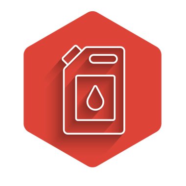 Motor makine yağı ikonu için beyaz çizgi kutusu uzun gölgeli izole edilmiş. Benzin bidonu. Yağ değiştirme ve onarım servisi. Motor yağı işareti. Kırmızı altıgen düğmesi. Vektör.