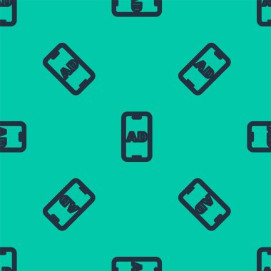 Mavi çizgi reklam simgesi izole edilmiş, yeşil arkaplan üzerinde pürüzsüz desen. Pazarlama ve tanıtım süreci kavramı. İlgili reklamlar. Sosyal medya reklamcılığı. Vektör.