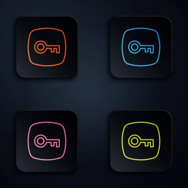 Renk neon çizgisi simgesi siyah arkaplanda izole edildi. Kare düğmelere simgeleri yerleştir. Vektör.