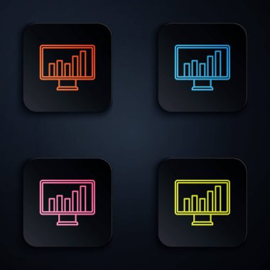 Siyah arkaplanda izole edilmiş grafik çizelgesi simgesi olan renkli neon çizgi bilgisayar monitörü. Metin dosyasını rapor et. Muhasebe tabelası. Denetim, analiz, planlama. Kare düğmelere simgeleri yerleştir. Vektör.