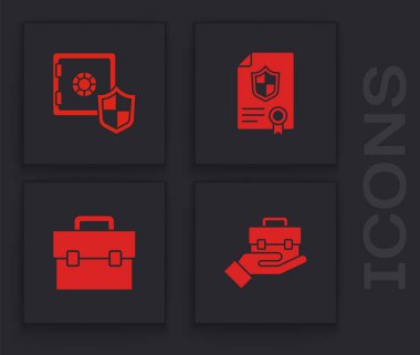 El çantasını hazırla, kalkanlı kasa, kontrat ve evrak çantası ikonu. Vektör