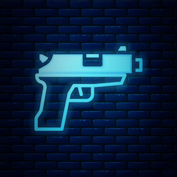 Ragyogó Neon Pisztoly Vagy Fegyver Ikon Elszigetelt Téglafal Háttér Rendőrség — Stock Vector
