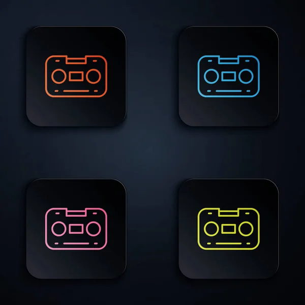 Цветная Неоновая Линия Retro Иконка Аудиокассеты Изолирована Черном Фоне Установите — стоковый вектор