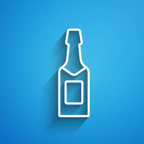 Witte Lijn Champagne Fles Pictogram Geïsoleerd Blauwe Achtergrond Lange Schaduw — Stockvector