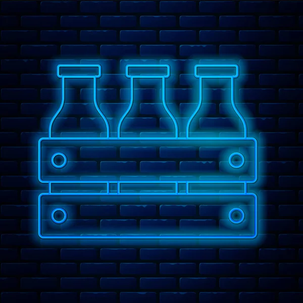 Leuchtende Neon Linie Flaschenmilch Holzkiste Symbol Isoliert Auf Backsteinwand Hintergrund — Stockvektor