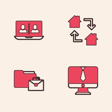 Video sohbet konferansı, online çalışma ve simge ayarlayın. Vektör