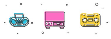 Ev teybini iki hoparlör, Eski video kaset çalar ve Retro ses kayıt simgesi ile ayarla. Vektör