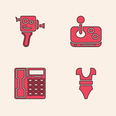 Mayo, Retro sinema kamerası, Joystick ve Telefon ahizesi simgesi. Vektör