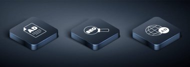 Isometric Reklamcılık ve SEO optimizasyon simgesini ayarla. Vektör