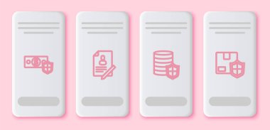 Paraları kalkan, belge ve teslimat güvenliğiyle ayarlayın. Beyaz dikdörtgen düğme. Vektör