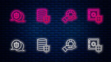 Hat Para, kalkan, Lifebuoy, konum ve güvenlik. Tuğla duvarda parlayan neon simgesi. Vektör