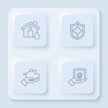 Evi sel basmış, kalkanlı hayat sigortası, domuz kumbarası ve kasa dairesi. Beyaz kare düğme. Vektör