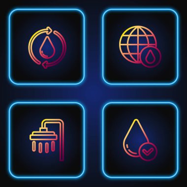 Hattı su damlası, duş, temiz su ve Dünya gezegenini su içinde geri dönüşüme ayarlayın. Renk simgeleri. Vektör