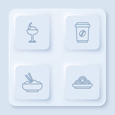 Dondurmayı kaseye koy, kahve bardağını paket yap, pilavlı pilav ve Asya eriştesi. Beyaz kare düğme. Vektör