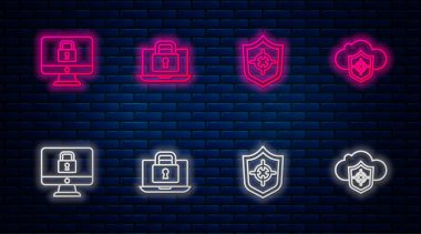Dizüstü bilgisayarı ayarla ve kilitle, Kalkan, monitöre kilitlen ve Bulut kalkanına geç. Tuğla duvarda parlayan neon simgesi. Vektör