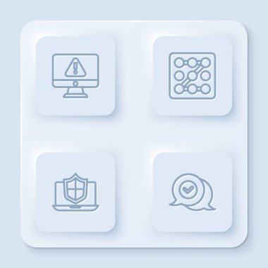 Hat monitörünü ünlem işareti, grafik şifre koruması, dizüstü bilgisayar korumalı kalkan ve konuşma baloncuğu ile kontrol et. Beyaz kare düğme. Vektör